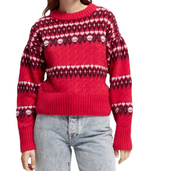 NWT Scotch & Soda Cable Knit Fair Isle Wool Alpaca Blend Pink Sweater Size Large - Picture 2 of 8